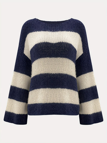 Contrast-Striped Loose Knit Pullover