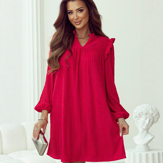 European-American Ruffled V-Neck Long Sleeve Dress