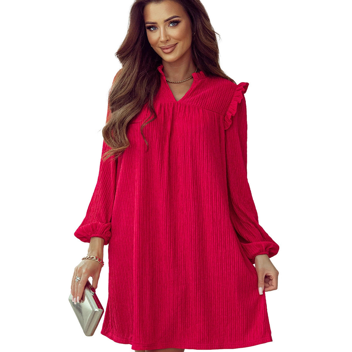 European-American Ruffled V-Neck Long Sleeve Dress