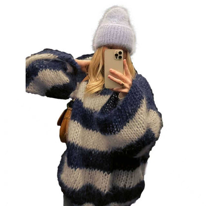 Contrast-Striped Loose Knit Pullover