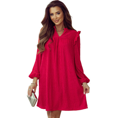 European-American Ruffled V-Neck Long Sleeve Dress