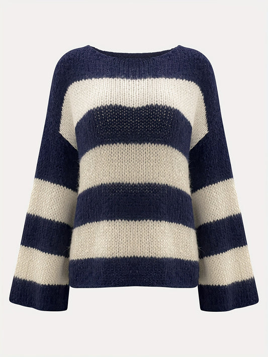 Contrast-Striped Loose Knit Pullover