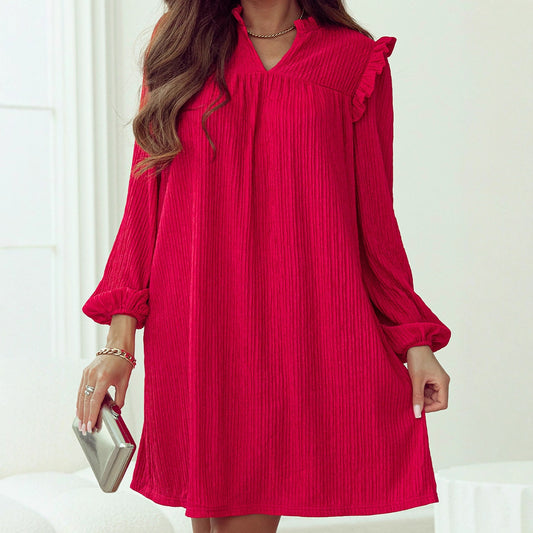 European-American Ruffled V-Neck Long Sleeve Dress
