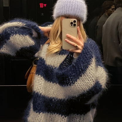 Contrast-Striped Loose Knit Pullover