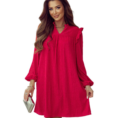 European-American Ruffled V-Neck Long Sleeve Dress