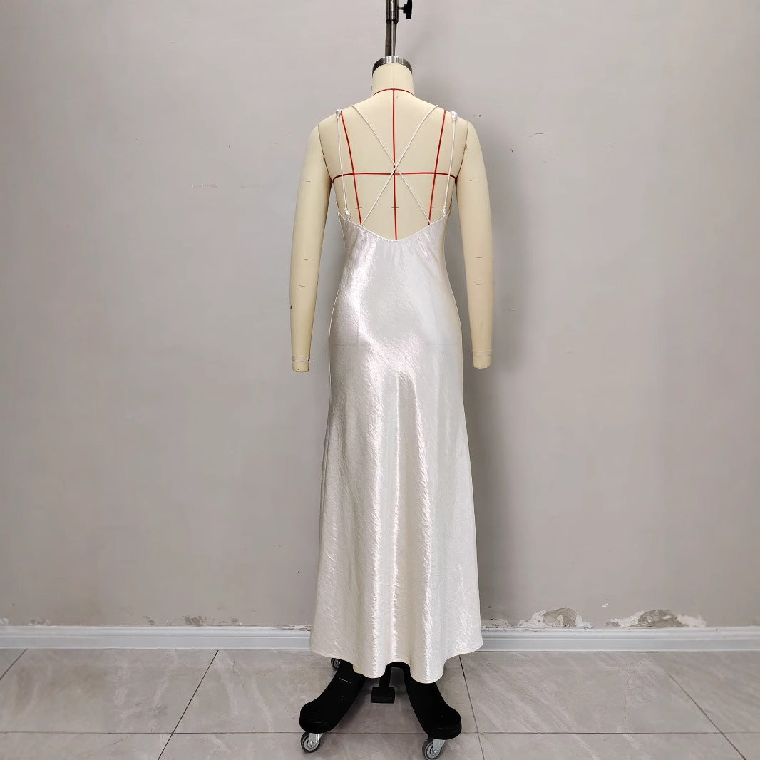 V-neck Backless Satin Dress