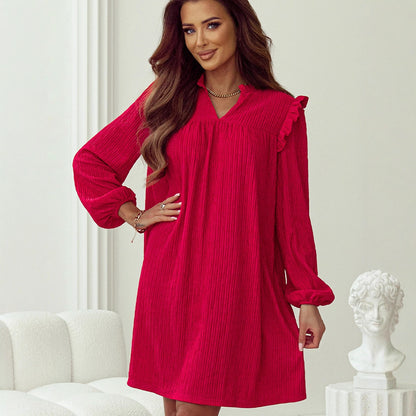 European-American Ruffled V-Neck Long Sleeve Dress